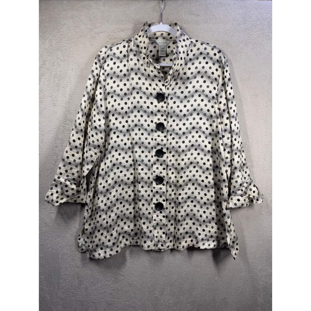 Multiples Button Up Blouse Womens L Cream Black Polka Dot Artsy Art to Wear